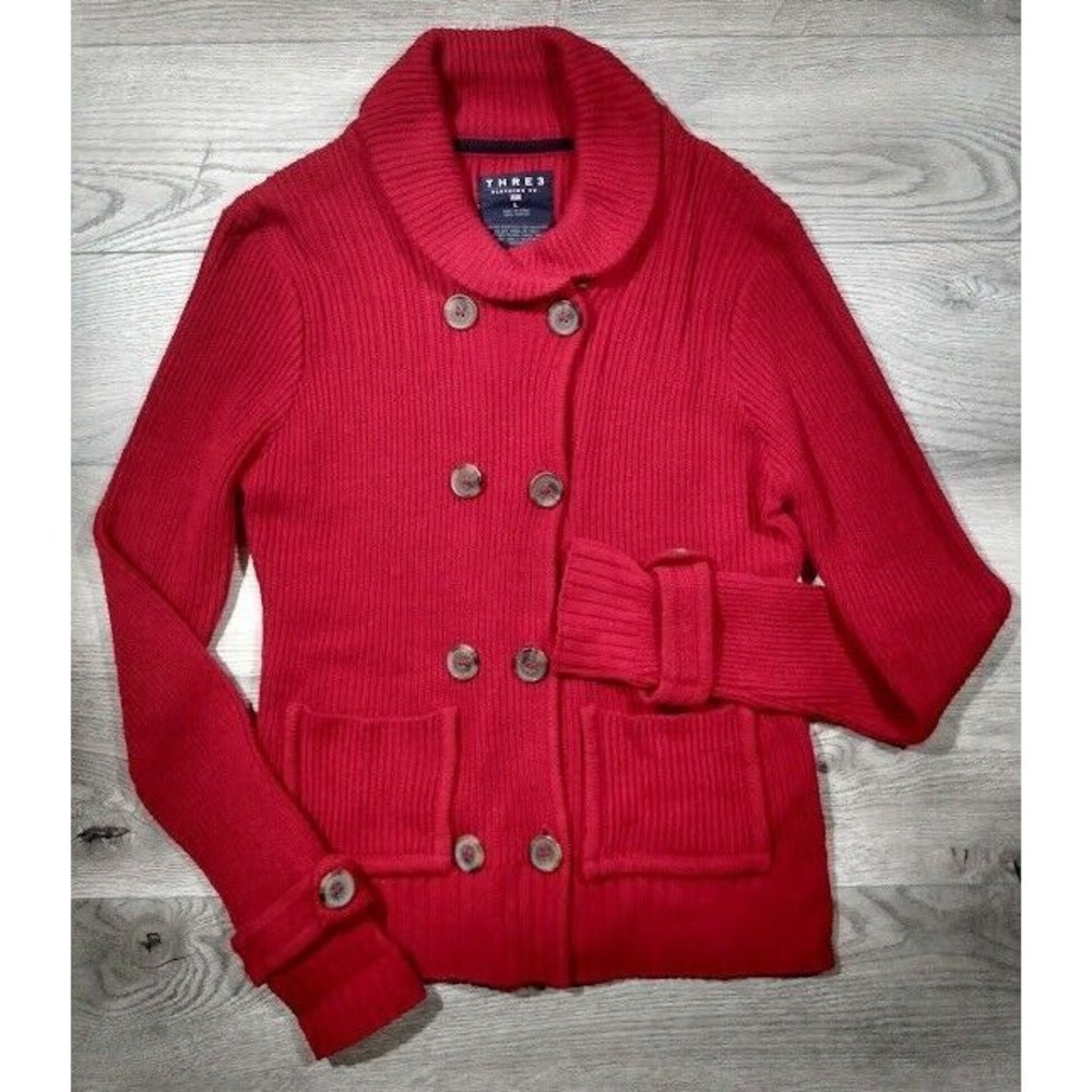 Thre3 Long Sleeve Cowl Neck Double Breasted Cardigan Sweater Womens Large Red